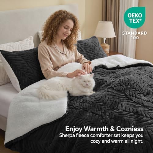 BEDELITE Fluffy Sherpa Twin Comforter Set,Leaf-Black
