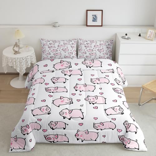 Feelyou Kids Pink Pig Comforter Set Queen Size Cartoon Pigs Bedding Set Boys Girls Lovely Animal Cute Pet Quilt Set Farm Animal Love Heart Bed Set