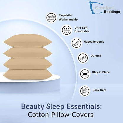 Comfort Beddings Queen Pillowcases Set of 4 – 100% Organic Cotton, 600 Thread Count Sateen, Soft & Comfy Pillow Covers with Envelope Closure, Taupe, Queen Size 20 x 30 Inches
