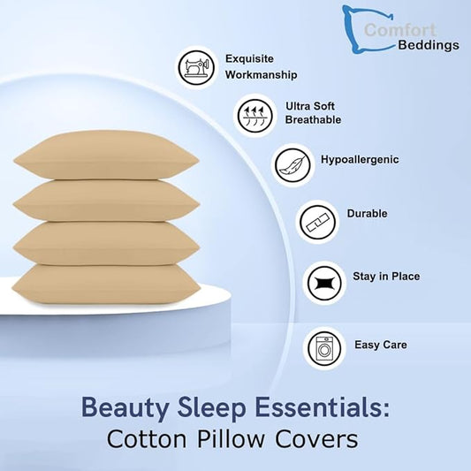 Comfort Beddings Queen Pillowcases Set of 4 – 100% Organic Cotton, 600 Thread Count Sateen, Soft & Comfy Pillow Covers with Envelope Closure, Taupe, Queen Size 20 x 30 Inches
