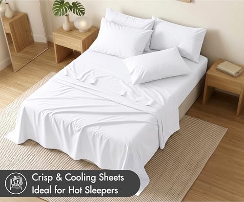 RUVANTI 100% Cotton California King Sheet Set, Percale Sheets, Bright White