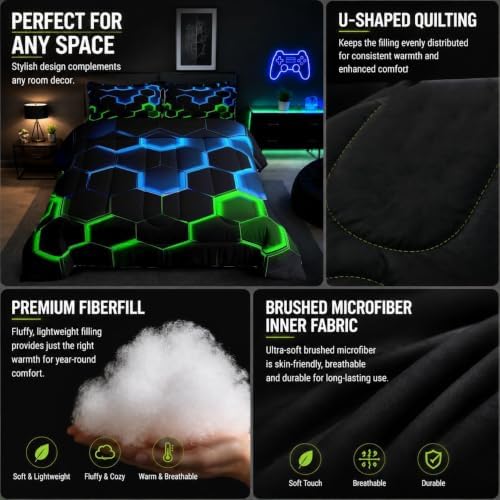 Castle Fairy Honeycomb Bedding Comforter Set Queen Size,Hexagon Theme with Green Blue Neon Lights Quilt Set,Boys Teen Man Chic Creative Home Bedding Set 3pcs Duvet Insert with 2 Pillowcases,Black
