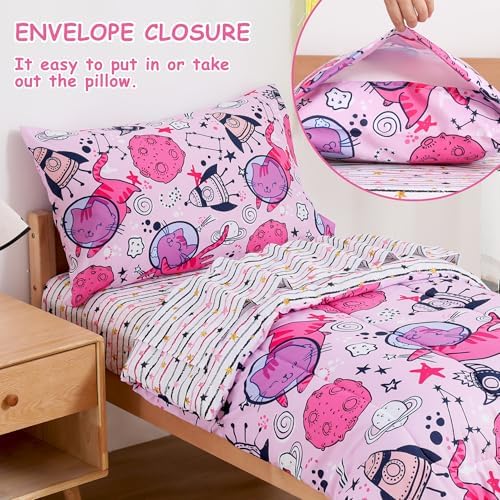 Mooreeke Toddler Bedding Sets for Girls,4 Pieces Cute Space Cat Printed