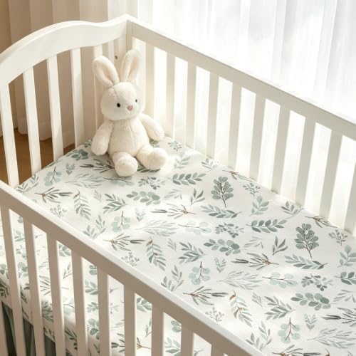 Organic Cotton Muslin Baby Crib Bedding Set 3 Piece Soft for Infant Newborn Toddler Boys Girls 52"x28", Nursery Bed Quilt Set Decor with Fitted Crib Sheet, Leaves Quilted Comforter Blanket, Bed Skirt