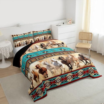 Horse Bedding Set Full Size Western Rustic Farmhouse Style Comforter Set,Boho Wild Farm Animal Horse Print Comforter Bohemian Exotic Style Duvet Insert Indian Aztec African Tribal Vintage Quilt
