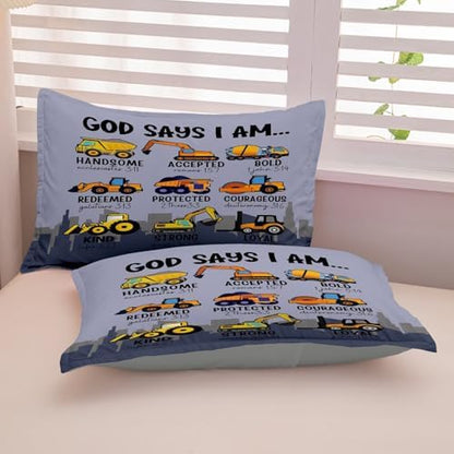 Boys Kids Construction Truck Comforter Set Full Size,3 Piece Bed in a Bag Cars Excavators Tractor Bedding Set Construction Christian Spirational Comforter with 2 Pillowcases Gray