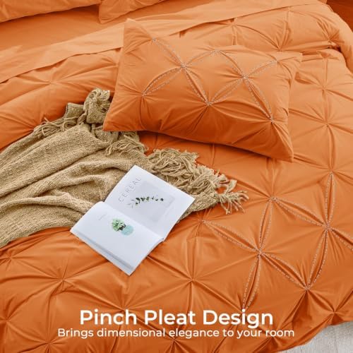Sasttie King Size Comforter Set, 7-Piece Bed in a Bag, Pintuck Bedding Set for All Season, Includes Comforter, Flat Sheet, Fitted Sheet, Pillowcases and Pillowshams, Coral Orange
