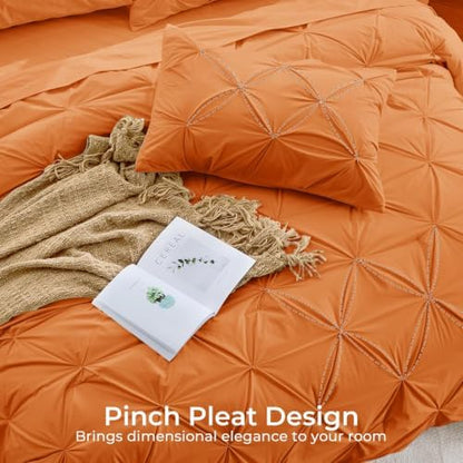 Sasttie King Size Comforter Set, 7-Piece Bed in a Bag, Pintuck Bedding Set for All Season, Includes Comforter, Flat Sheet, Fitted Sheet, Pillowcases and Pillowshams, Coral Orange