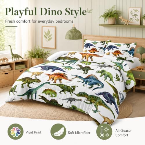 AILONEN Cartoon Dinosaur Print Bedding Set Full Size Hand Drawn Green Dinosaurs White Tint Comforter Set for Kids Teens Boys Girls Soft Breathable Duvet Set 3 Pieces, 1 Comforter and 2 Pillowcases