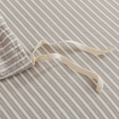 JIYUAN Full Washed Cotton Duvet Cover Set, 3-Piece, Linen-Like Pinstripe