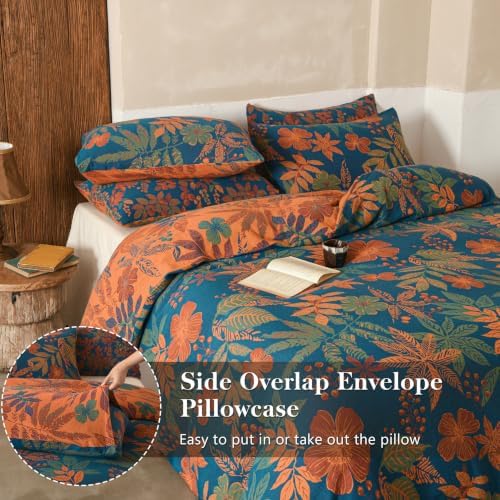 Simple&Opulence Muslin Duvet Cover Set King Size, 100% Washed Cotton 3 Pieces Yarn-Dyed Vintage Blue Floral Leaves Jacquard Textured Bedding, Soft Breathable Gauze Comforter Cover with Zipper Closure