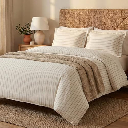 BIOWEAVES 100% Organic Cotton King Duvet Cover Set, 3-Piece, 300 TC Sateen Weave GOTS Certified Comforter Cover with Buttoned Closure and 2 Pillow Shams – Natural/Biscotti Stripes, 104x90 inches
