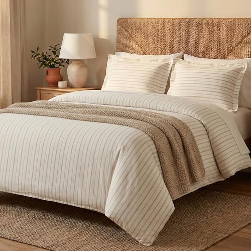 BIOWEAVES 100% Organic Cotton Full/Queen Duvet Cover Set, 3-Piece, 300 TC Sateen Weave GOTS Certified Comforter Cover with Buttoned Closure and 2 Pillow Shams – Natural/Biscotti Stripes, 90x90 inches