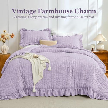 JOLLYVOGUE Lavender Queen Comforter Set, 3 Pieces Seersucker Comforters Queen Size, Lightweight & Fluffy Bedding Sets Queen for All Season with 1 Ruffle Comforter and 2 Ruffle Pillowshams