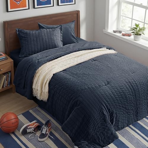 Twin Comforter Set 5 Piece, Navy Blue Bed in a Bag Twin Size Bedding Sets