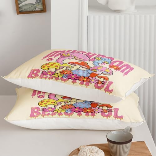 Axolotl Cartoon Mushroom Comforter Set King,Colorful Mushrooms Girls Bedding Set,3 Piece Cute Mushroom Bedding,Red Pink Floral Flower Comforter for Kids Boys Girls Teens,1 Quilt 2 Pillowcases