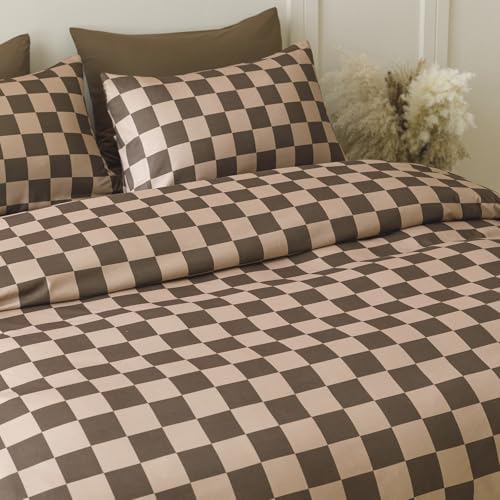 Wellboo Brown Plaid Comforter Sets California King Dark Brown and Cream Coffee Checkerboard Grid Bedding Comforters Cal King Women Men Taupe Checkered Geometric Quilts Soft Luxury Brown Abstract Bed