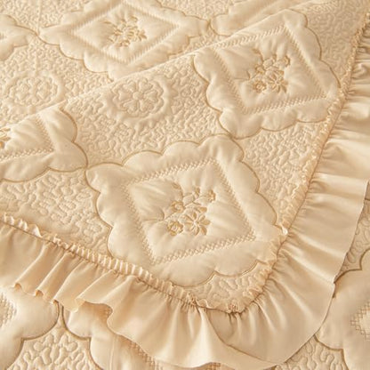 Sobrecamas Queen Elegantes,Queen Floral Quilt Set,Reversible Beige Coverlet