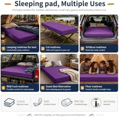 CYMULA Memory Foam Camping Mattress Pad,Sleeping Pad for Camping,Non-Slip Bottom Floor Car Mattress Bed with Retaining Portable Roll up Mattress Pad Mat for Travel Truck Guest Bed Tent