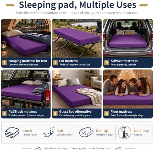 CYMULA Memory Foam Camping Mattress Pad,Sleeping Pad for Camping,Non-Slip Bottom Floor Car Mattress Bed with Retaining Portable Roll up Mattress Pad Mat for Travel Truck Guest Bed Tent