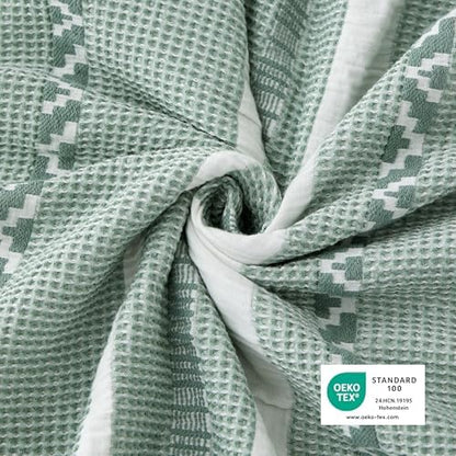Bedsure PureWoven Boho Striped Cotton Waffle Duvet Cover Set, King, Green