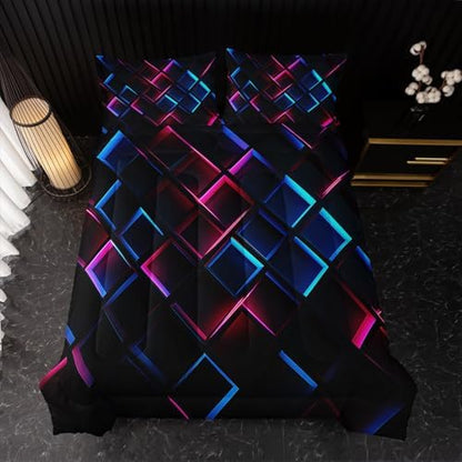 Nttopship Blue Black Geometric Comforter Set Full Size 3D Stereoscopic Square Bedding Set Honeycomb Bedding Set 3 Piece Modern Style Geometry Decor,Microfiber LightweightWith 2 Pillowcases