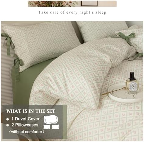 VM VOUGEMARKET Red Flower Duvet Cover Set Queen Green Grid Duvet Cover with 2 Bow Ties Pillowcases 100% Cotton Vintage Country Style Girls Comforter Cover with Zipper Closure
