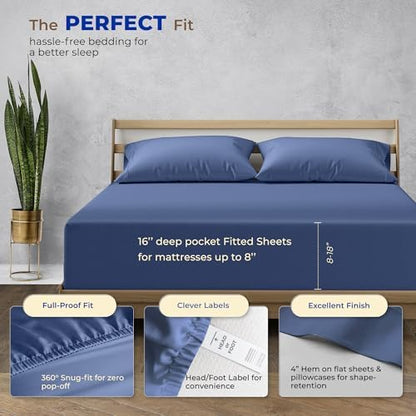 THREAD SPREAD Twin XL Size Bed Sheets Set, Luxury 1000 Series 100% Egyptian Cotton Sheets Twin XL Size (3 PC, Deep Blue), Silky Soft, Cooling, Sateen Weave, 16" Deep Pocket Hotel Quality Sheet Set