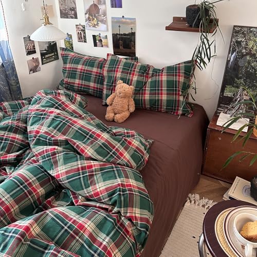 mixinni Vintage Green Buffalo Plaid Washed Cotton Duvet Cover Twin - Soft Breathable Textured Bedding Set with Zipper Closure for All Seasons-1 Duvet Cover + 2 Pillow Shams-Twin Size