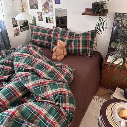 mixinni Vintage Green Buffalo Plaid Washed Cotton Duvet Cover Twin - Soft Breathable Textured Bedding Set with Zipper Closure for All Seasons-1 Duvet Cover + 2 Pillow Shams-Twin Size