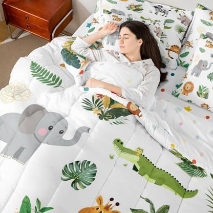 Erosebridal Wild Animals 7 Pcs Bedding Set Safari Animals King Comforter Set for Boys Girls Cute Crocodile Lion Bed in A Bag with Flat and Fitted Sheet Cartoon Elephant Giraffe Tropical Bed Set