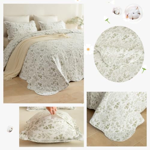 Lady Ann 100% Cotton Queen Quilt Set, Soft Cottagecore Green Leaves Botanical Pattern Printed Quilted Bedspread & Coverlet, 3 PCS Lightweight Queen Bedding Set for All Season