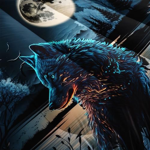 Nttopship Moon Wolf Comforter Set Queen Size, Wolf Night Moon Bedding Set 3 Piece for Kids Teens,Wild Animals Bedding Sets Soft Microfiber Comforter Sets for All Season