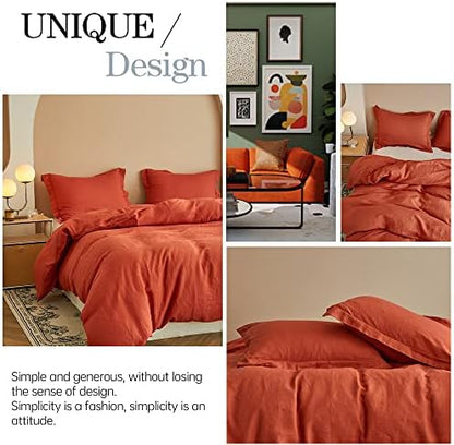 Simple&Opulence 100% Linen Duvet Cover Set 3pcs Basic Style Natural French Washed Flax Solid Color Soft Breathable Farmhouse Bedding with Button Closure - Brick Red, Queen