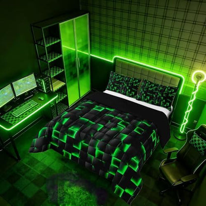 Erosebridal Neon Black Green Boys Comforter Set Twin Size Geometric Checkered Bedding Set for Kids Teen Men Gaming Room Decor,Abstract Ombre Plaid Comforter Grids Quilt Duvet