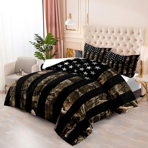 LUVIVIHOME 2PCS Camo Comforter Set Twin Size, Rustic Bedding, Black American Flag Bed Set, Country Farmhouse Hunting Bedroom Decor for Men Boys, Soft Microfiber Quilt, 1 Pillow Sham