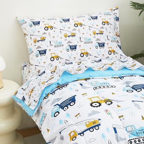 Lasoftan Cars Toddler Bedding Set, 4-Piece Bed-in-a-Bag Comforter Set for Boys, Construction Truck Bedding, Machine Washable