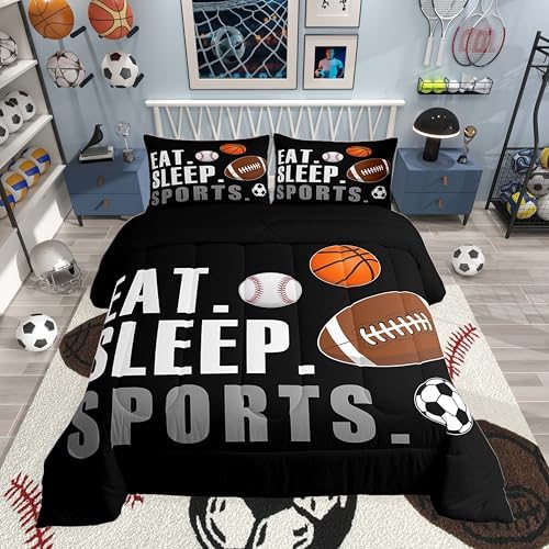 Feelyou Twin Size Sports Comforter Set Boys Girls Bedding Set for Sports Lover Gift Ultra Soft Football Soccer Basketball Baseball Quilt Breathable Lightweight Microfiber Black Ball Game Room Decor