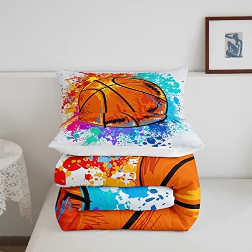 Castle Fairy Boys Basketball Comforter Set Queen Size Watercolor Tie-dye Bedding Set for Kids Boys Bedroom Decoration Sports Basketball Bed Duvet Insert Hippie Comforter with 2 Pillowcase