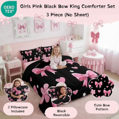 jejeloiu Bowknot Comforter Set All Season Black Pink Bedding Set with 2 Pillow Cases Pink Bow Microfiber Kids King Bedclothes Colourful Bowknot Bedroom Decor Duvet Quilt Breathable