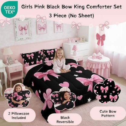 jejeloiu Bowknot Comforter Set All Season Black Pink Bedding Set with 2 Pillow Cases Pink Bow Microfiber Kids King Bedclothes Colourful Bowknot Bedroom Decor Duvet Quilt Breathable