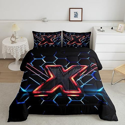 Manfei Geometric Honeycomb Kids Comforter Set Full Size,Blue Neon Hexagon Abstract Bedding Set for Boys Girls Man Room Decor,Light Gaming Fashion Down Comforter,Red Black Duvet Insert,2 Pillowcases