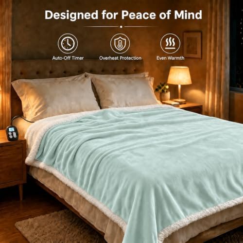 Electric Heated Blanket Full Size 72" x 84", Soft Flannel Heating Blanket for Bed, Sofa, Bedroom, 10 Heat Settings, 1-12H Auto Shut Off, Overheat Protection, Machine Washable, Light Green