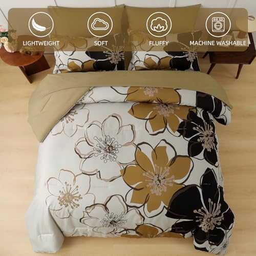 Anibedding 7 Pieces Floral Comforter Set Queen Size, Brown Black Flower Bedding Set Botanical Bed in a Bag Soft Microfiber Comforter Set with Sheets for All Season