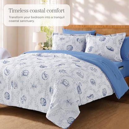 BLOOMHAVEN Queen Comforter Set-7 Pieces Coastal Blue Bed in a Bag Queen