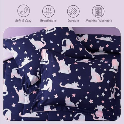 Full Size Comforter Sets for Girls - 7 Pieces Cute Cat Full Bedding Set