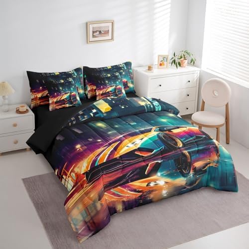 Racing Sports Car 7 Pieces Bedding Set King Size,Cool Speed Car Bed in a Bag,Extreme Sport Games Bed Set Includes Comforter,Sheet Set,Pillowcases & Pillow Covers,City Night Scene Bedroom Decor