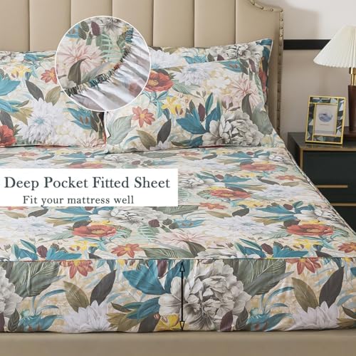 FADFAY Queen Sheet Set, 100% Cotton Sateen Soft Breathable, Luxury Vintage Floral Bed Sheets, Elegant Large Peony & Botanical Print, Classic Garden Style Bedding, Deep Pocket Fitted Sheet, 4 Pieces