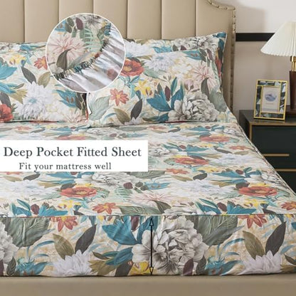 FADFAY Twin Sheet Set, 100% Cotton Sateen Soft Breathable, Luxury Vintage Floral Bed Sheets, Elegant Large Peony & Botanical Print, Classic Garden Style Bedding, Deep Pocket Fitted Sheet, 4 Pieces