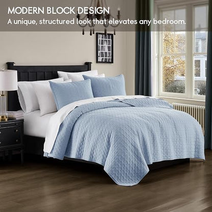 palassio Baby Blue 100% Cotton Quilt King Size Bedding Sets with 2 Pillow Shams, Textured Lightweight Soft Bedspread Shabby Chic Coverlet, Neutral Quilted Comforter Bed Cover for All Season, 3 Pieces
